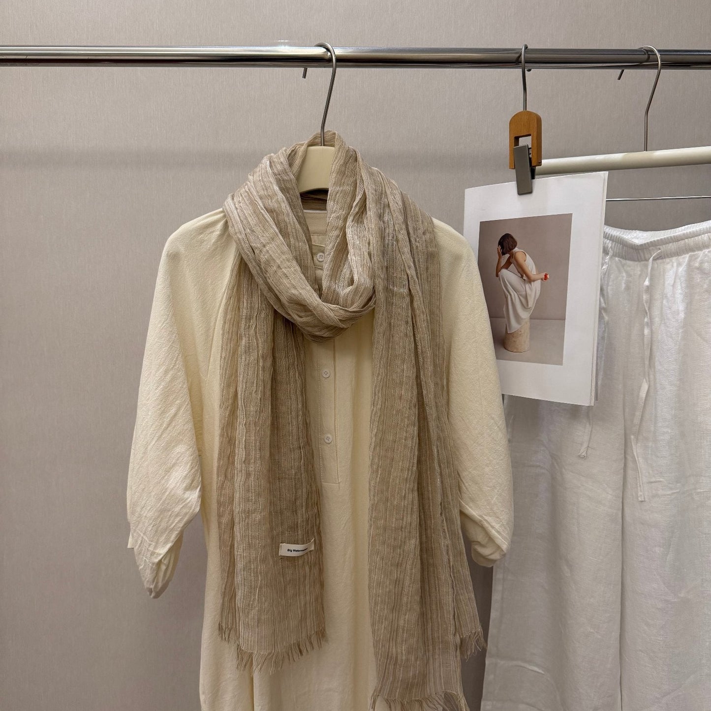 Striped Pleated Cotton-Linen Scarf