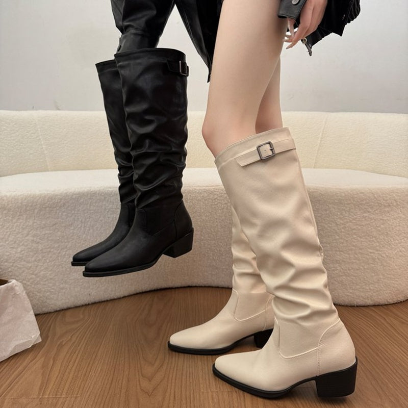 Women Beige Slouchy Knee High Boots Square Buckle Block Heel Pointed Toe Western Knight Boots