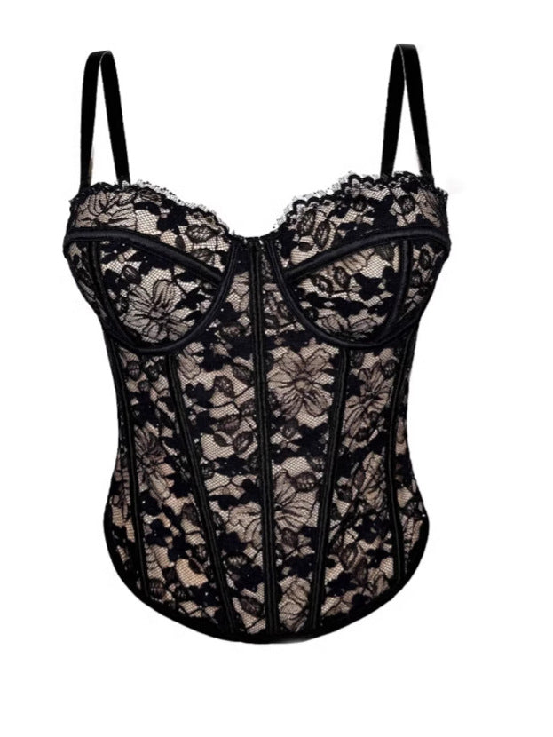 New Cross-border European And American Spice Girls Black Lace Inner Strap High-end Outer Wear Body Shaping Push-up Fishbone Bra