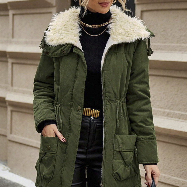 Womens Casual Hooded Long-sleeve Mid-length Cotton Coat