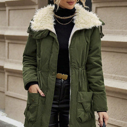 Womens Casual Hooded Long-sleeve Mid-length Cotton Coat