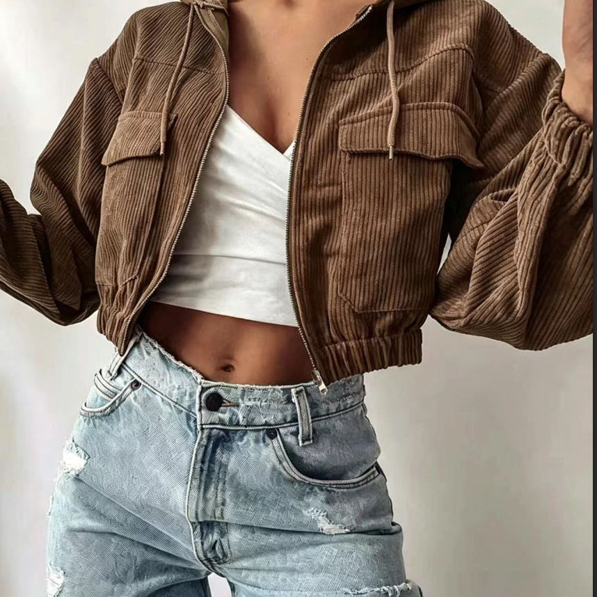 Womens Hooded Drawstring Short Jacket With Long Sleeves