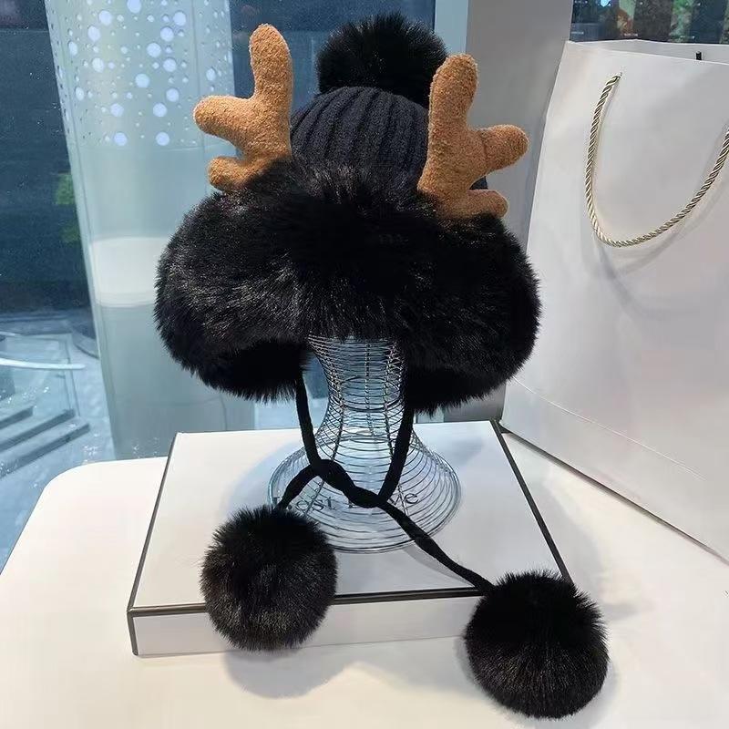 Womens Plush Antler Pom-Pom Christmas Hat