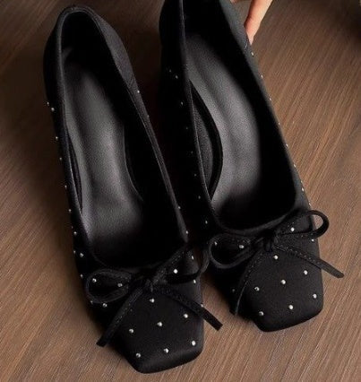 Women New 2026 Soft Leather Slip-on Pumps, Medium Block Heel With Bow & Rivet Decor, Shallow Mouth Dress Shoes For Spring