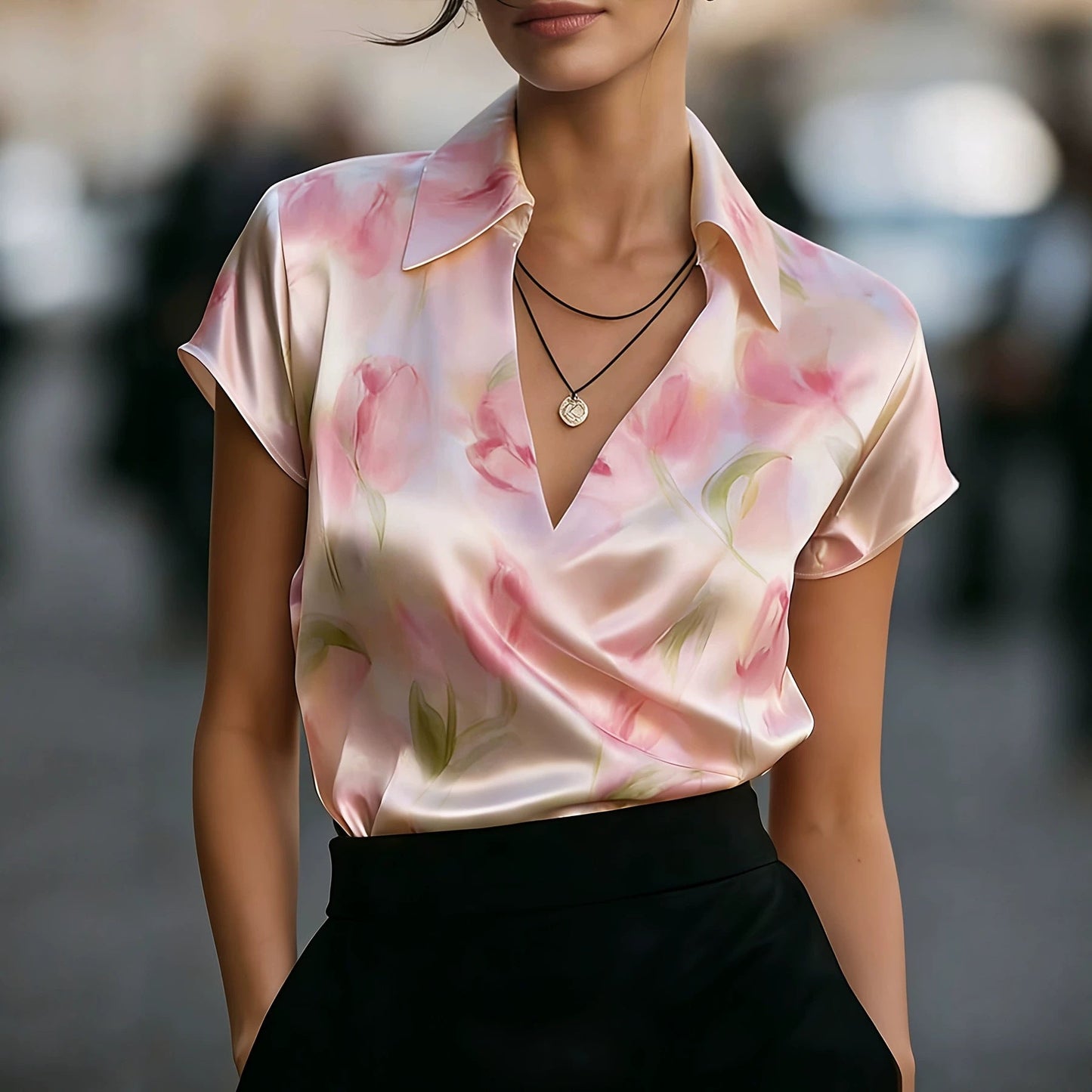 Fashion Satin V-neck Flower Print Short Sleeve