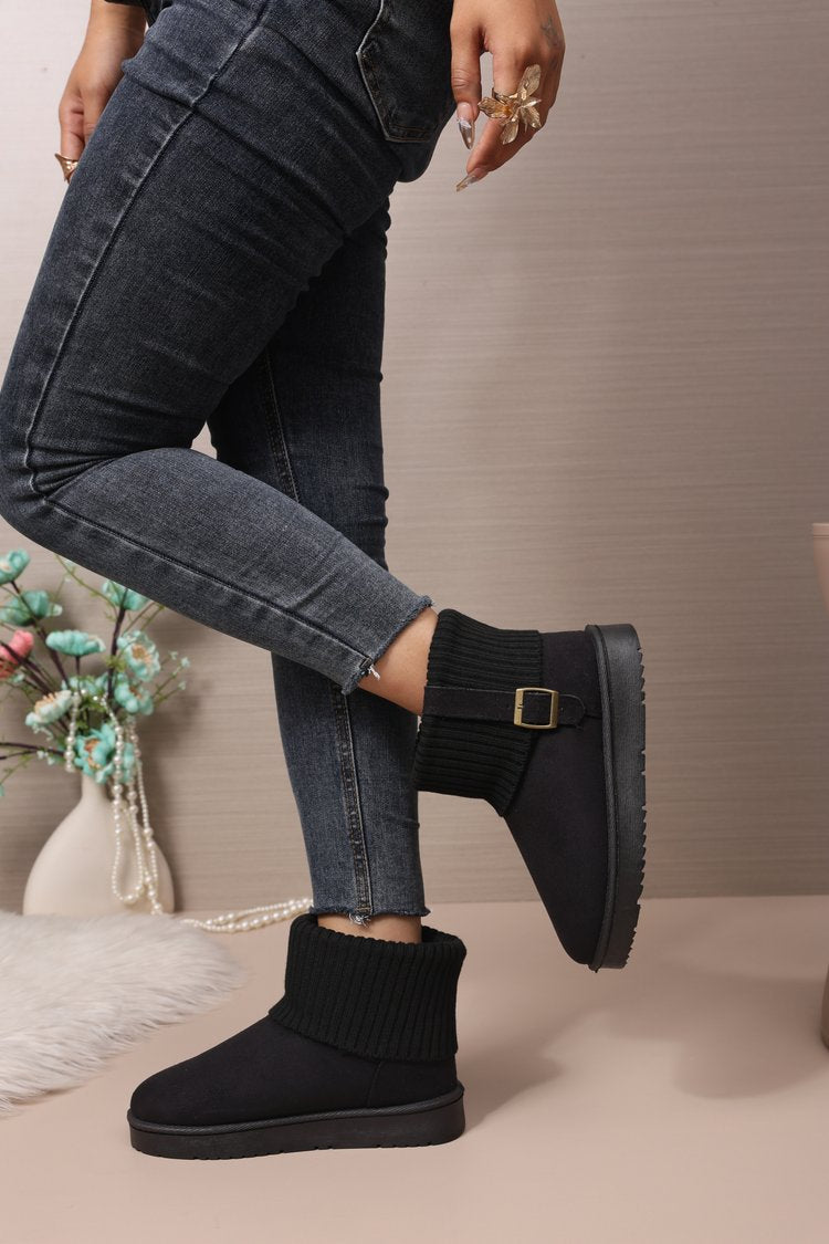 Women's Ankle Snow Boots, New Winter Versatile Trendy Fleece Lined Thick Warm Knit Cuff Cotton Boots