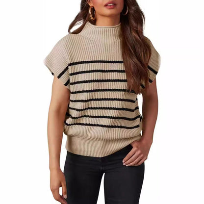 2024 Amazon European And American Women's Sweater Cap Sleeve Small Turtleneck TEUM Loose Rib Knitted Pullover Striped Top