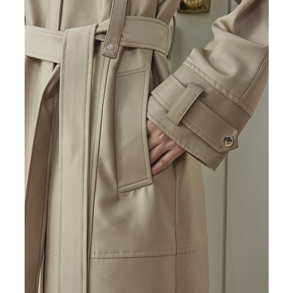 Vintage High-end Leather-patchwork Mid-length Trench Coat For Women