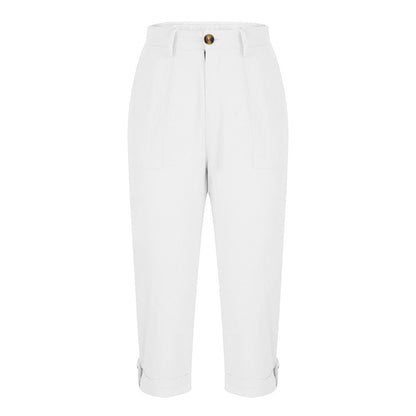 Cross-border Women's Solid Color Workwear Pants Waist Button Pants Ear Design Pants Leg Curled Women's Cropped Pants
