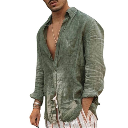 Foreign Trade Autum New Men's Pure Color European And American Loose Casual Lapel Long-Sleeved Cardigan Beach Shirt Men's Style