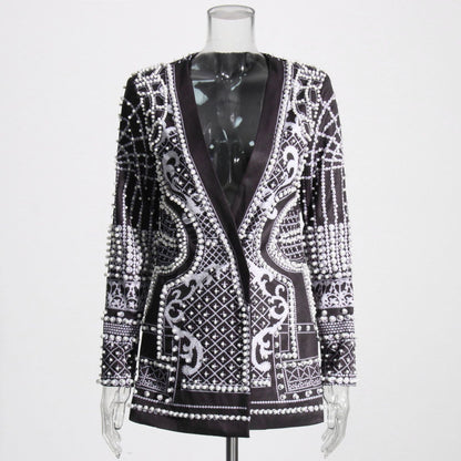 Pearl-bead Printed Petite Blazer For Women