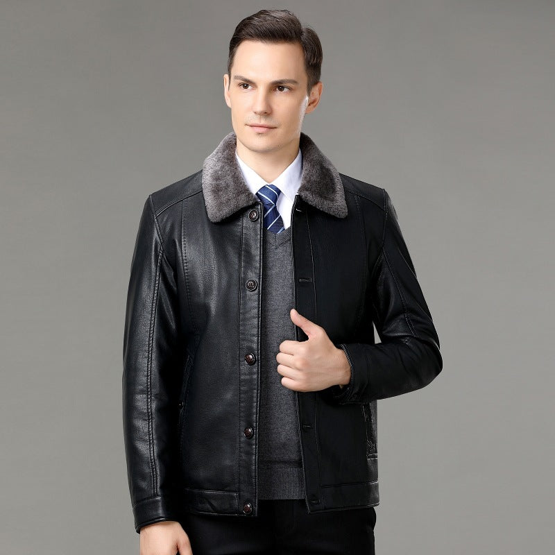 Genuine Leather And Fur One-piece Overcoat With A Lapel Lined With Fleece For Extra Warmth