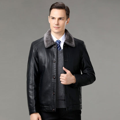 Genuine Leather And Fur One-piece Overcoat With A Lapel Lined With Fleece For Extra Warmth