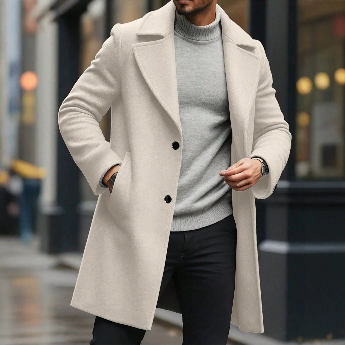Solid-color Wool Mid-length Coat