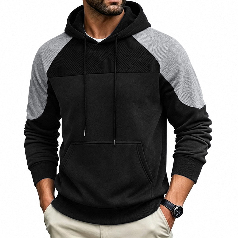 Fleece-lined Mens Patchwork Color-block Textured Loose-fit Hooded Jacket