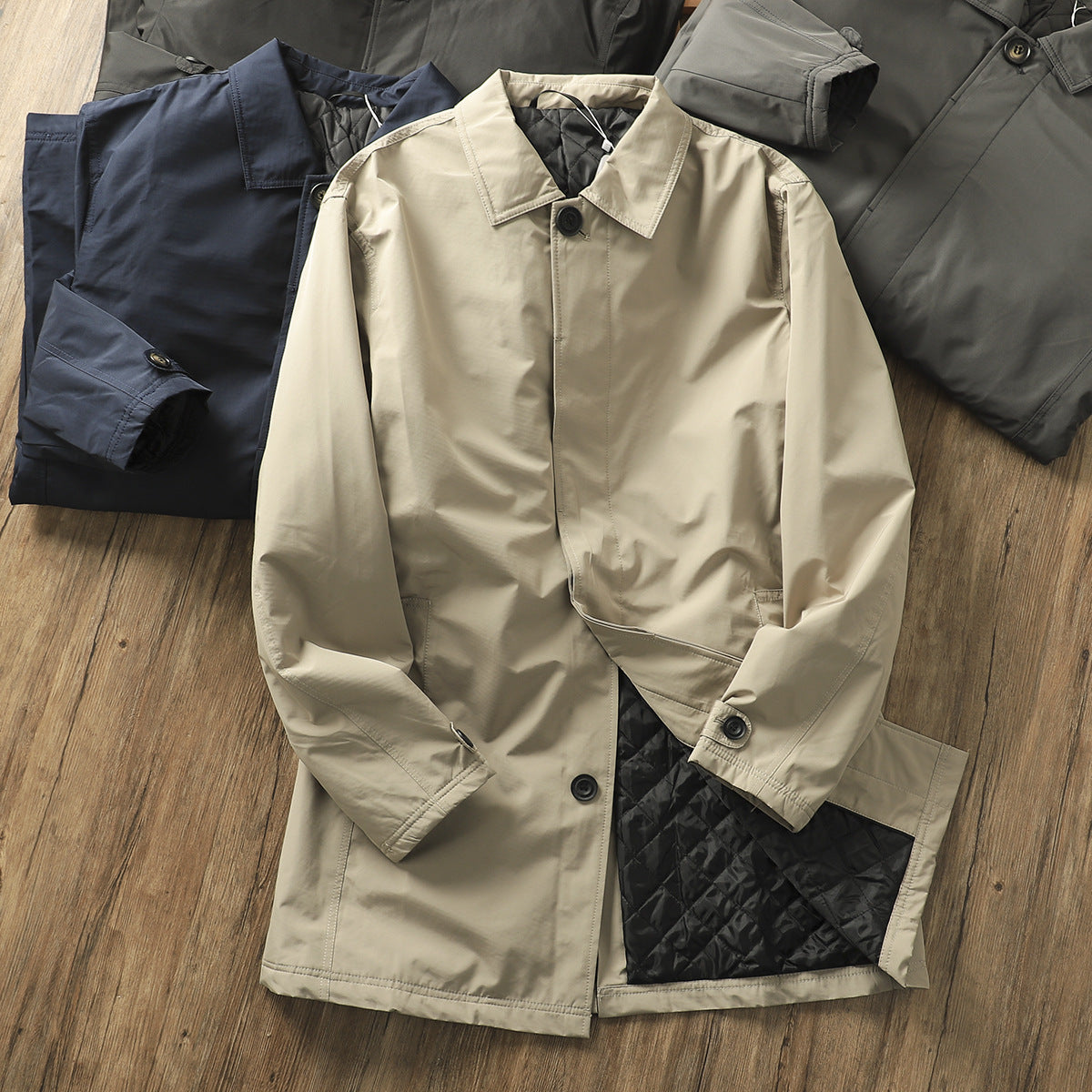 Men's Windproof Waterproof Thickened Thermal Quilted Mid-length Trench Coat
