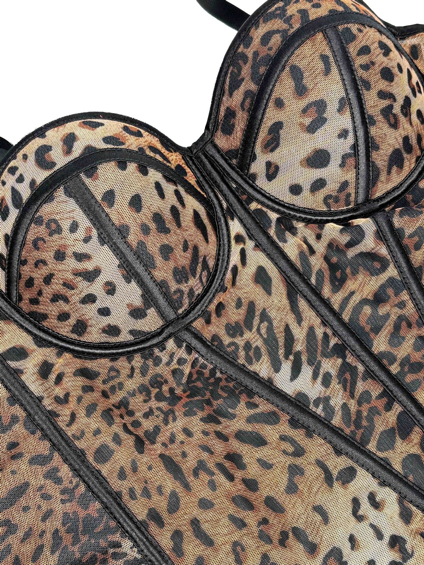 Sexy Leopard Dot Pattern Stitching Bra Sling High-end Sense Inner Mesh Lace Perspective Outer Wear Fishbone Bra