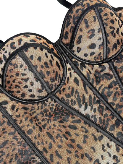 Sexy Leopard Dot Pattern Stitching Bra Sling High-end Sense Inner Mesh Lace Perspective Outer Wear Fishbone Bra