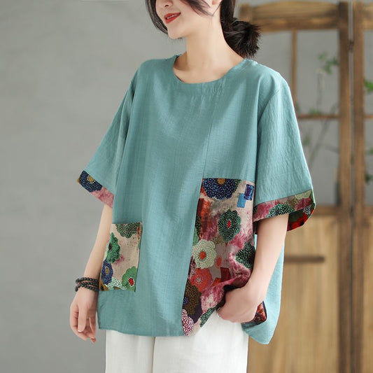 Retro Loose Color-Block Printed Top