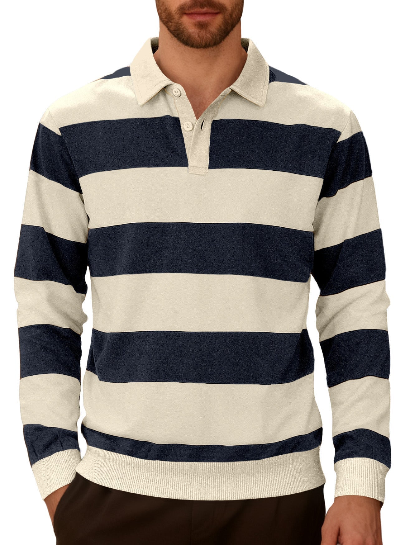 Men's Striped Color-Blocked Button Long-Sleeve Knit Shirt, Casual Sporty Trendy Business Polo Shirt