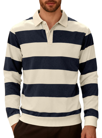 Men's Striped Color-Blocked Button Long-Sleeve Knit Shirt, Casual Sporty Trendy Business Polo Shirt