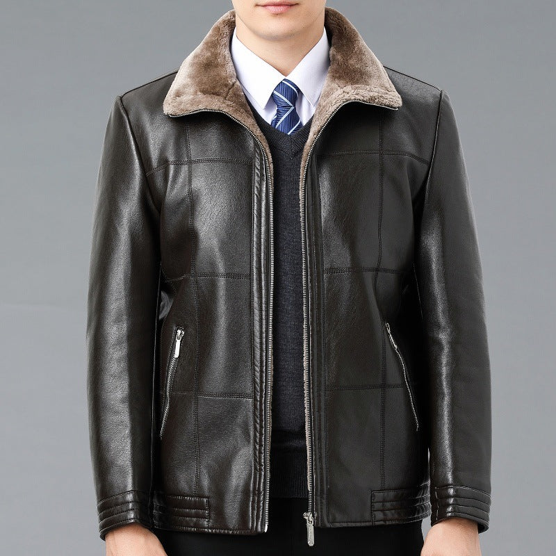 Genuine Leather And Fur One-piece Overcoat With A Lapel Lined With Fleece For Extra Warmth