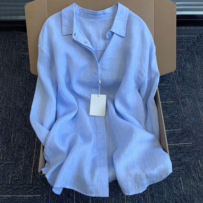Summer Thin Linen Casual Cotton Linen Collared Sun Protection Top