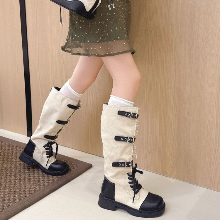 Women Retro Color Block Fringe Knee High Boots Lace Up Multi Buckle Thick Heel Western Knight Boots