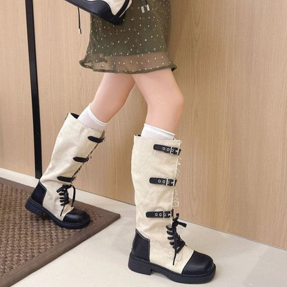 Women Retro Color Block Fringe Knee High Boots Lace Up Multi Buckle Thick Heel Western Knight Boots
