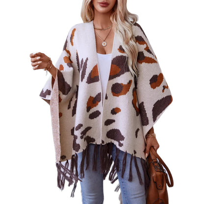 Drizzle-Color Leopard-Print Knitted Tassel CapeShoulder Wrap For Women