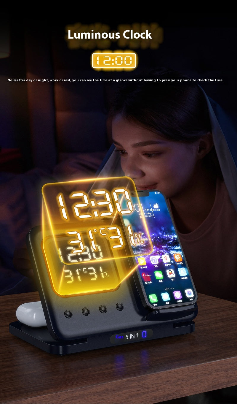 15W Wireless Chargers Stand 5 In1 LED Digital Alarm Clock Fast Charging Dock Station