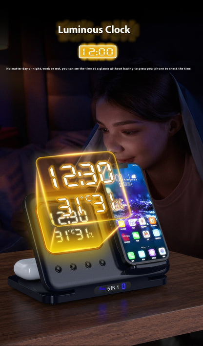 15W Wireless Chargers Stand 5 In1 LED Digital Alarm Clock Fast Charging Dock Station