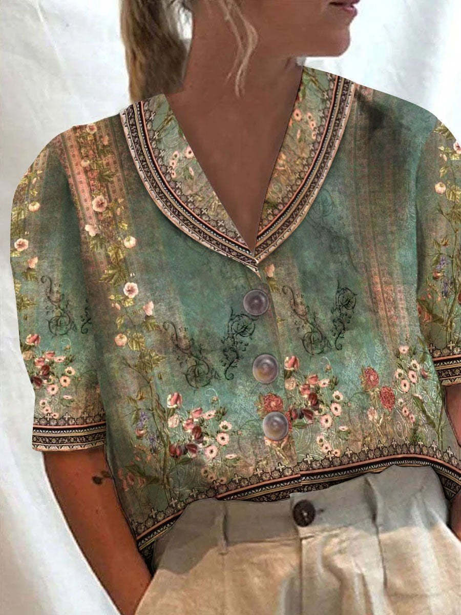 Women's Stand Collar Printed Cotton-Linen Shirt