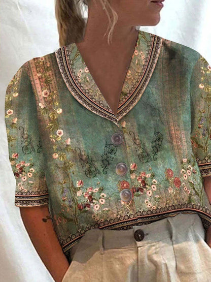 Women's Stand Collar Printed Cotton-Linen Shirt