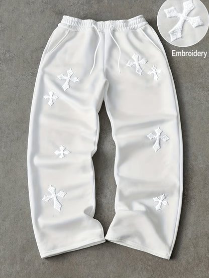 Embroidered Cross-Design Thickened Sweatpants For Men