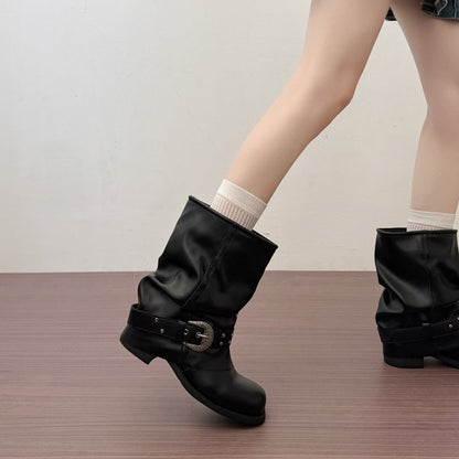 Women's Genuine Leather Ruched Western Cowboy Martin Boots, 2026 Autumn New Arrival, Versatile Platform Chunky Heel Pants Shaft Ankle Boots