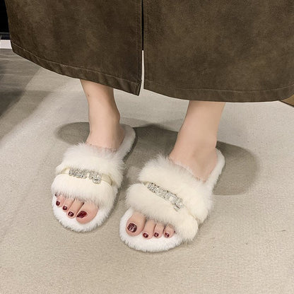 Women's Furry Slippers, New Letter Embroidered Fleece Single Band Slides, Versatile Outdoor Women's Shoes