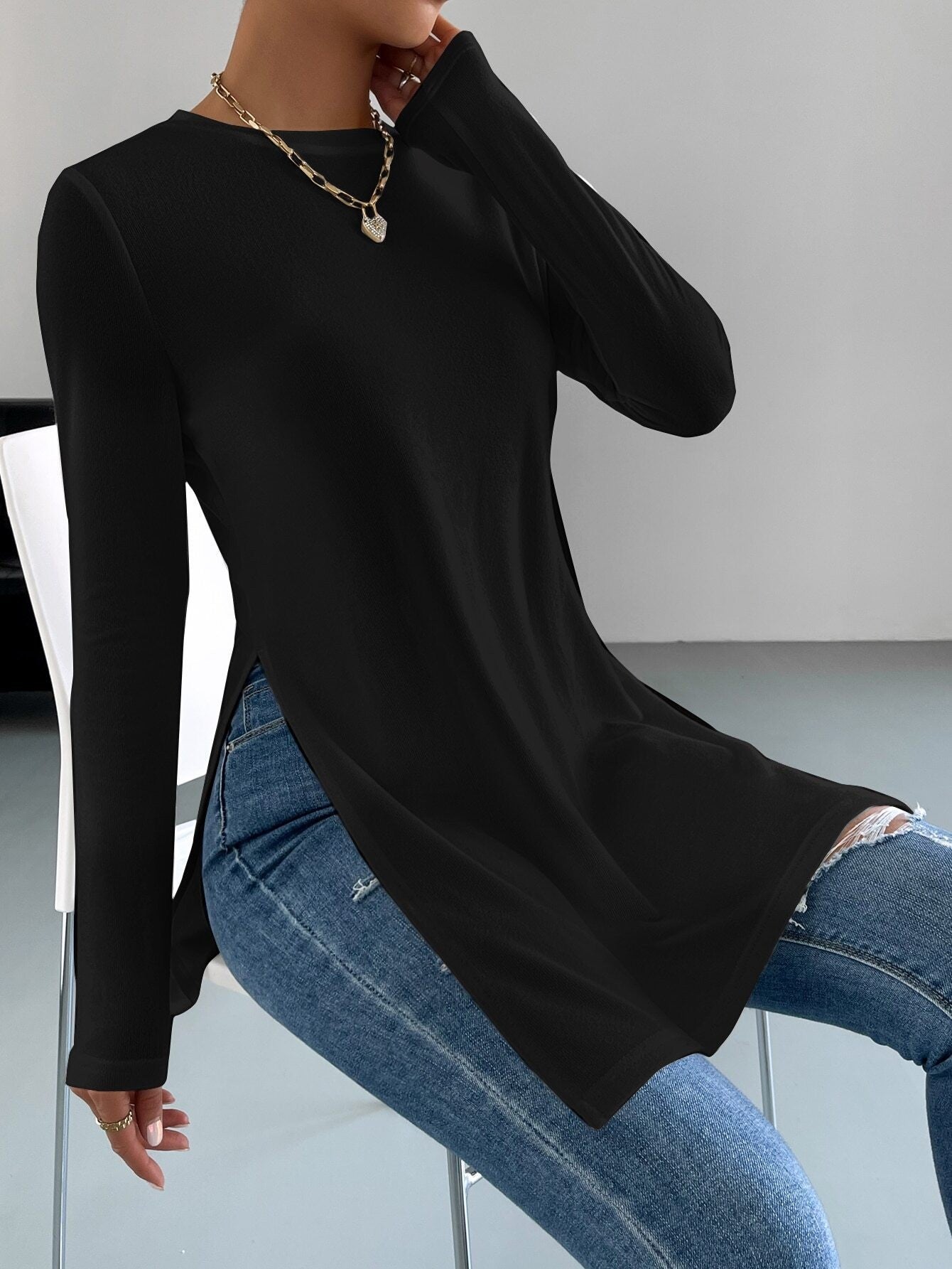 AliExpress Explosions Women's Long Sleeve Top TEMU Solid Color Hems Split Long T-Shirt Women
