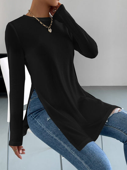 AliExpress Explosions Women's Long Sleeve Top TEMU Solid Color Hems Split Long T-Shirt Women