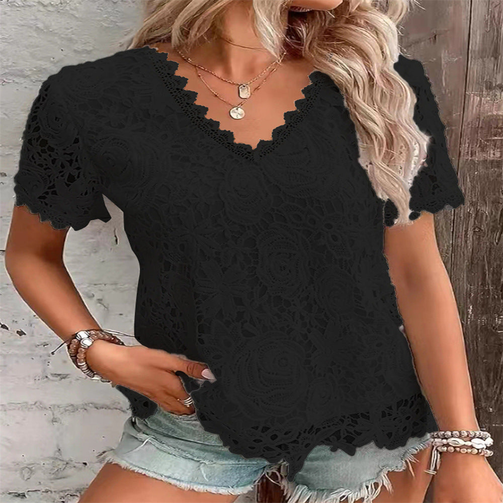 Women's Fashion Top T-shirt Lace Short Sleeve Women