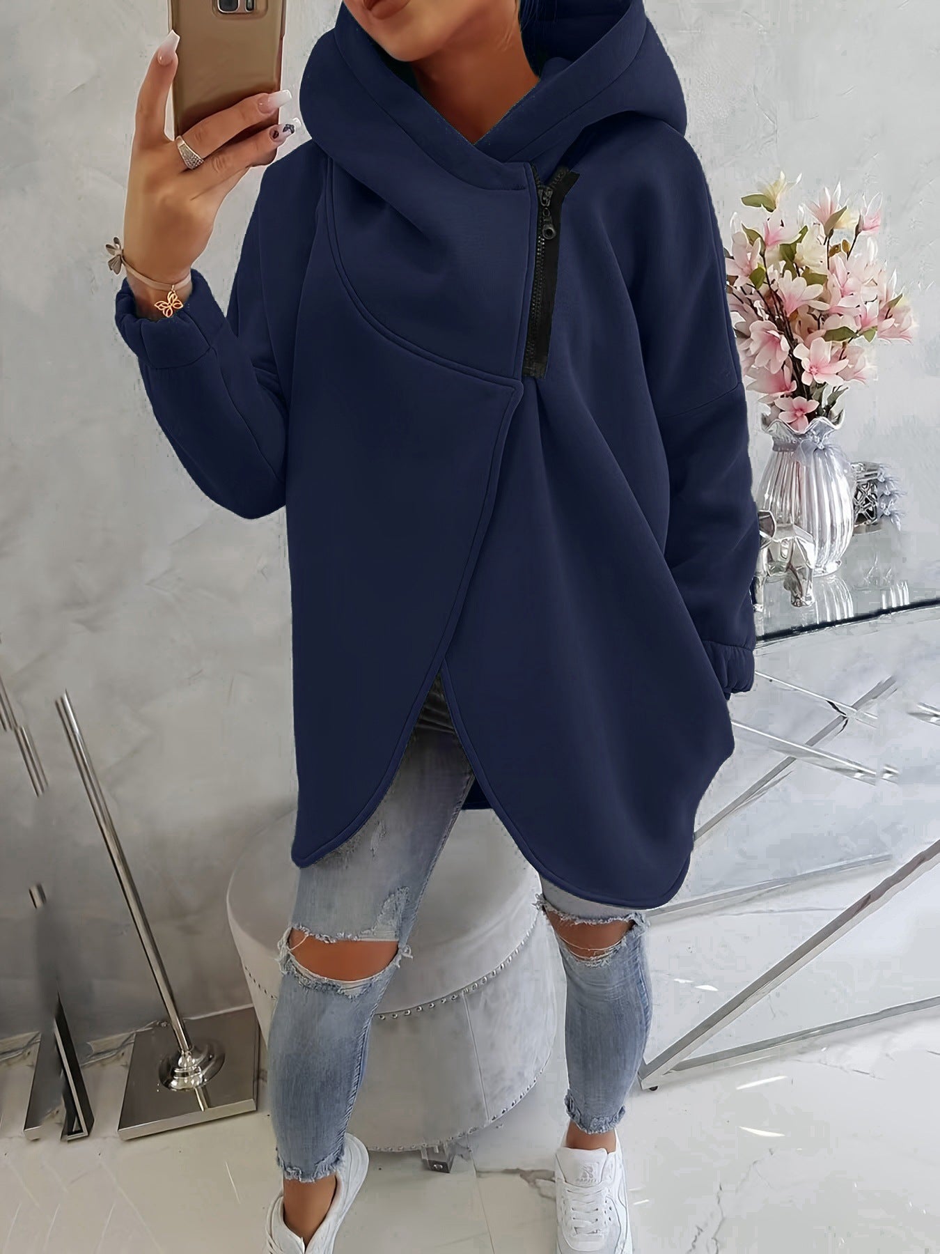 2025 European And American Cross-Border Women's Long-Sleeved Casual Black Hooded Jacket Sweatshirt With Front Pocket Zipper Hoodie