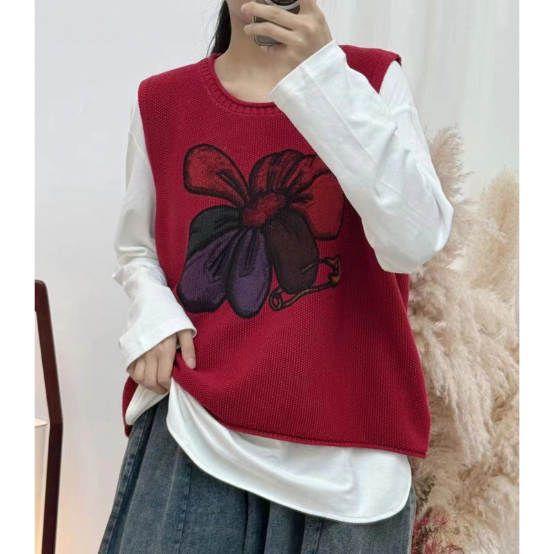 Womens Floral-Print Crew-Neck Loose-Fit Vintage Knitted Vest