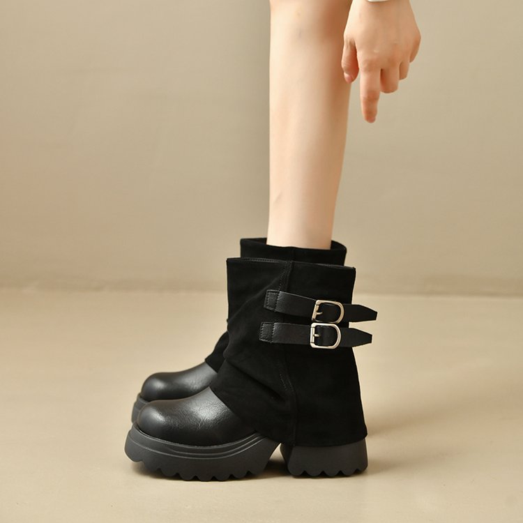 Women's Platform Height-Increasing Martin Boots, 2026 Autumn New Arrival, Popular Slouchy Ankle Boots, Mocha Pants Shaft Knight Boots