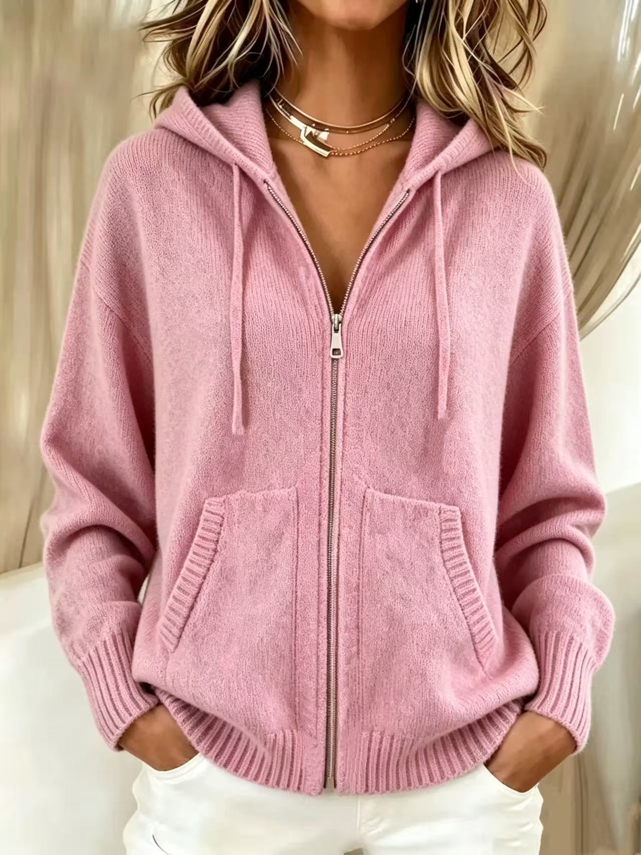 Women Zip Up Hooded Knit Cardigan, Solid Color Long Sleeve Loose Sweater Jacket With Pockets, Fall Winter Casual Outerwear