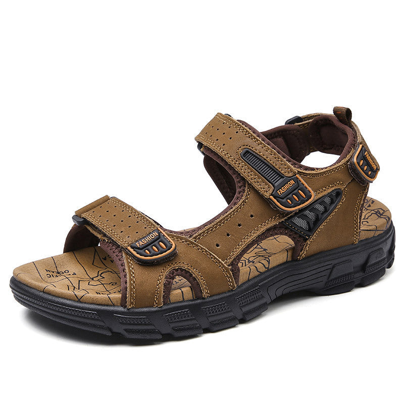 Summer Sandals Men's Thick-soled Open Toe Head Layer Cowhide Men's Beach Shoes Soft-soled Fashionable Plus Size Outdoor Casual Shoes