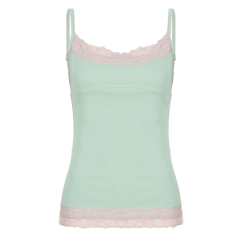 2026 Summer Women's Y2K Hot Girl Pure Desire Lace Trim Color-Block Slim Fit Versatile Tank Top