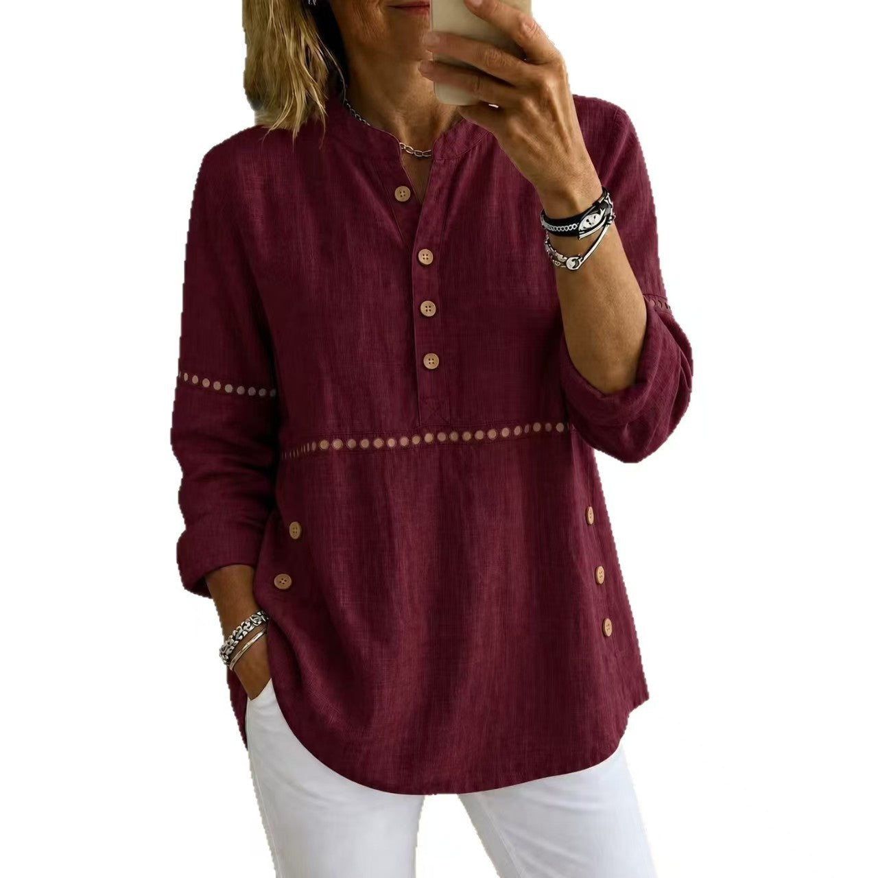 New Autumn And Winter Women's Clothing  Stand-up Collar Half-open Front Long-sleeved Top With Side Button Closure Loose Fit Casual Solid Color