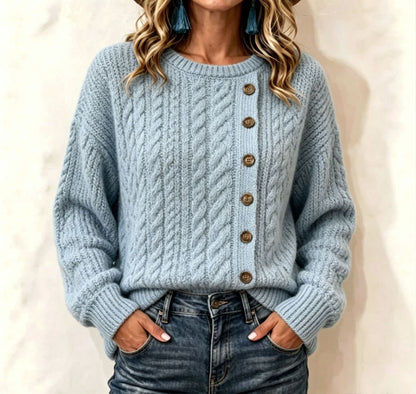 Womens Knitted Casual Comfortable Long-Sleeve T-Shirt With Buttons