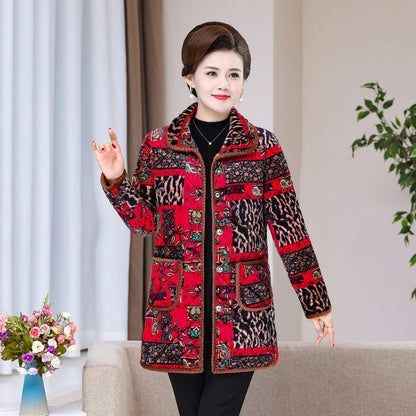 Womens Fashionable Floral-print Warm Plus-size Cotton Coat