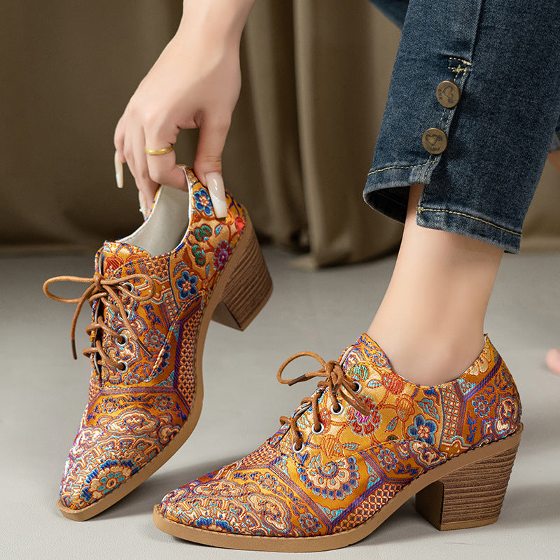 Pointed-toe Printed High-heeled Pumps With Laces For Women